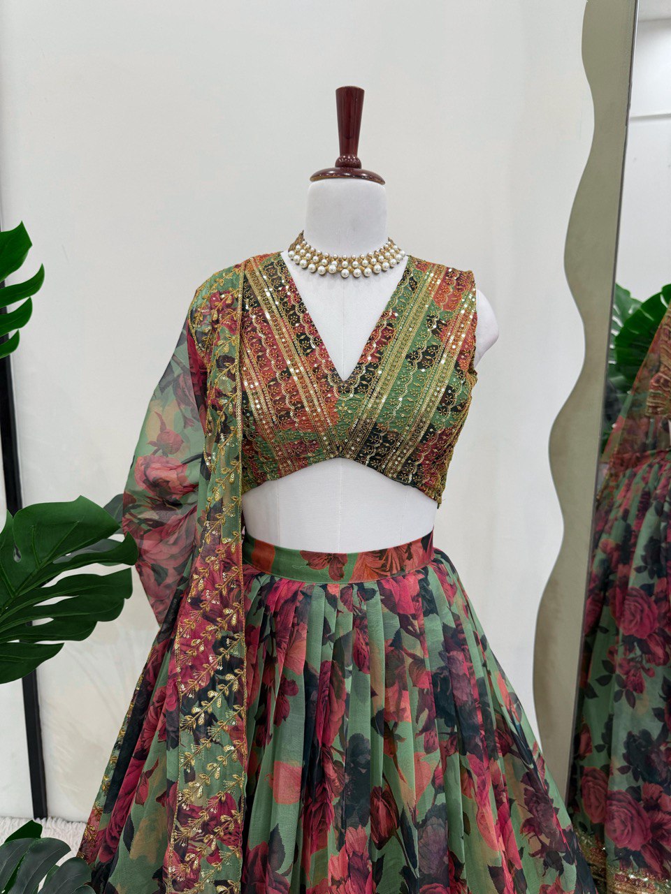 Function Wear Green Multi Color Tabby Organza With Digital Printed Lehenga Choli