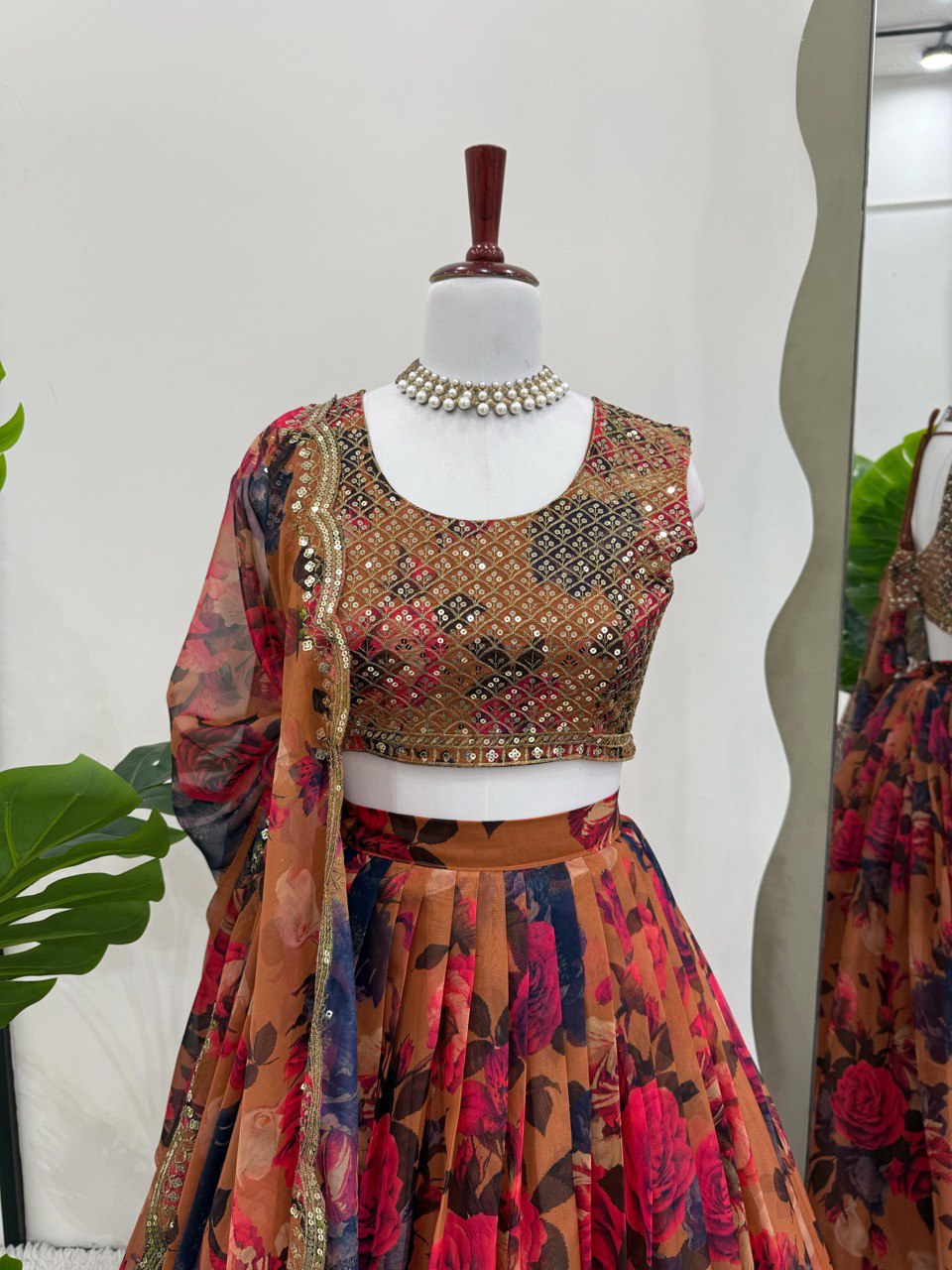 Function Wear Orange Multi Color Tabby Organza With Digital Printed Lehenga Choli
