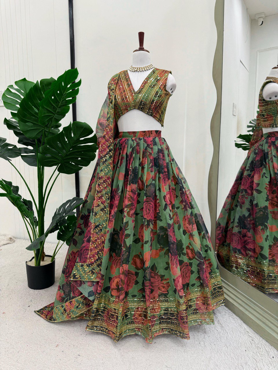 Function Wear Green Multi Color Tabby Organza With Digital Printed Lehenga Choli