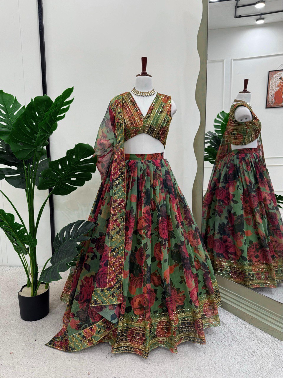 Function Wear Green Multi Color Tabby Organza With Digital Printed Lehenga Choli