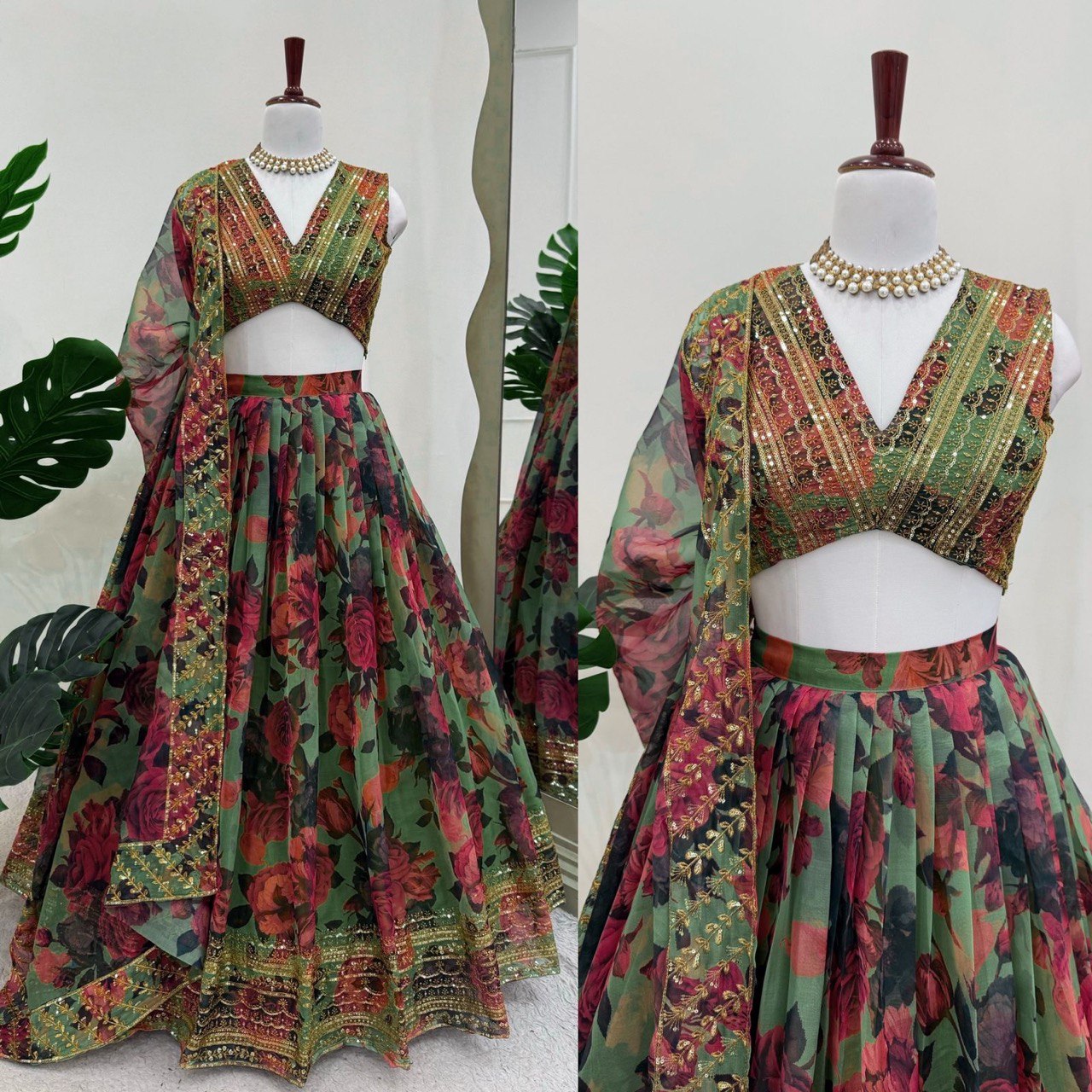 Function Wear Green Multi Color Tabby Organza With Digital Printed Lehenga Choli