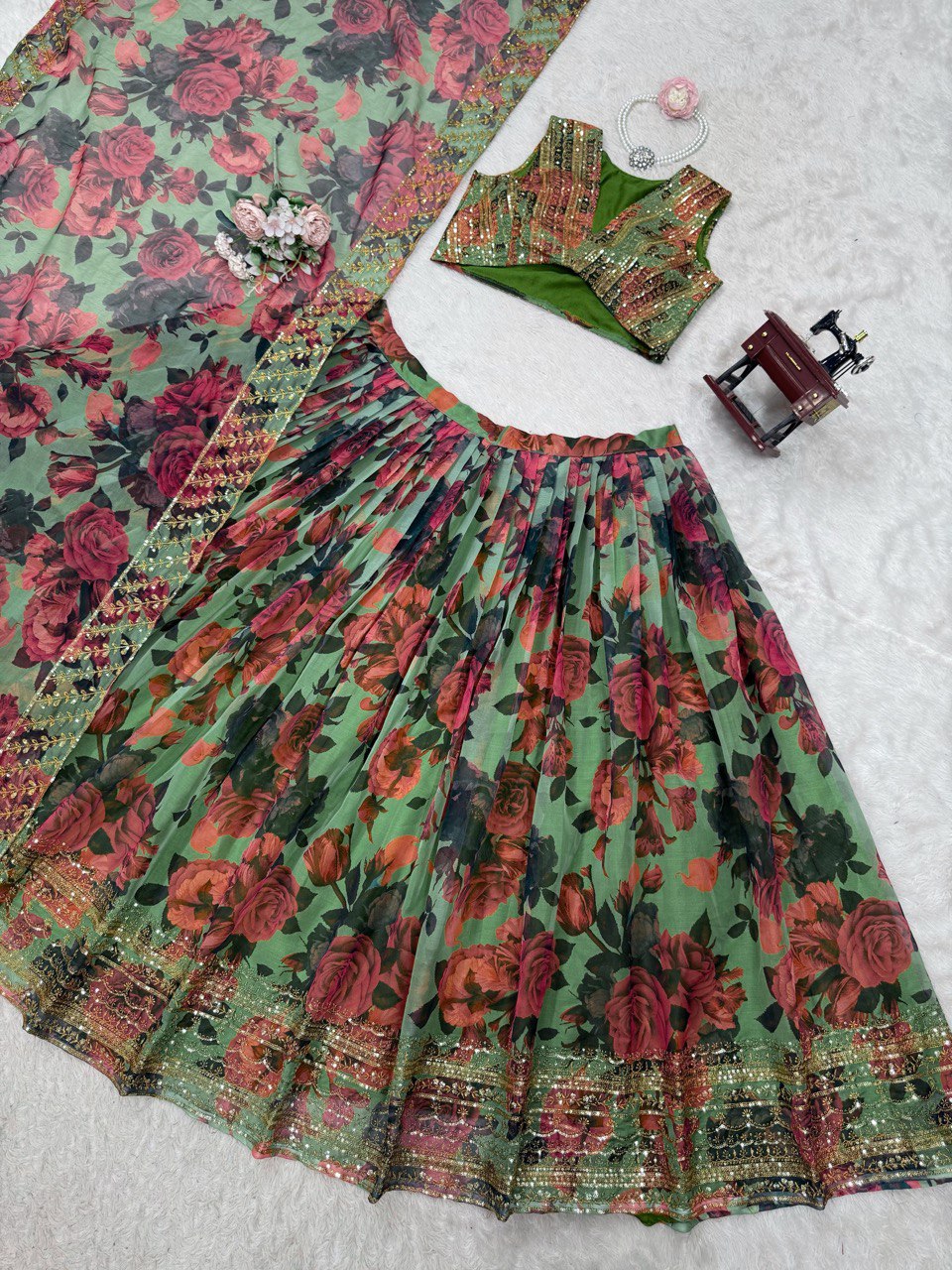 Function Wear Green Multi Color Tabby Organza With Digital Printed Lehenga Choli