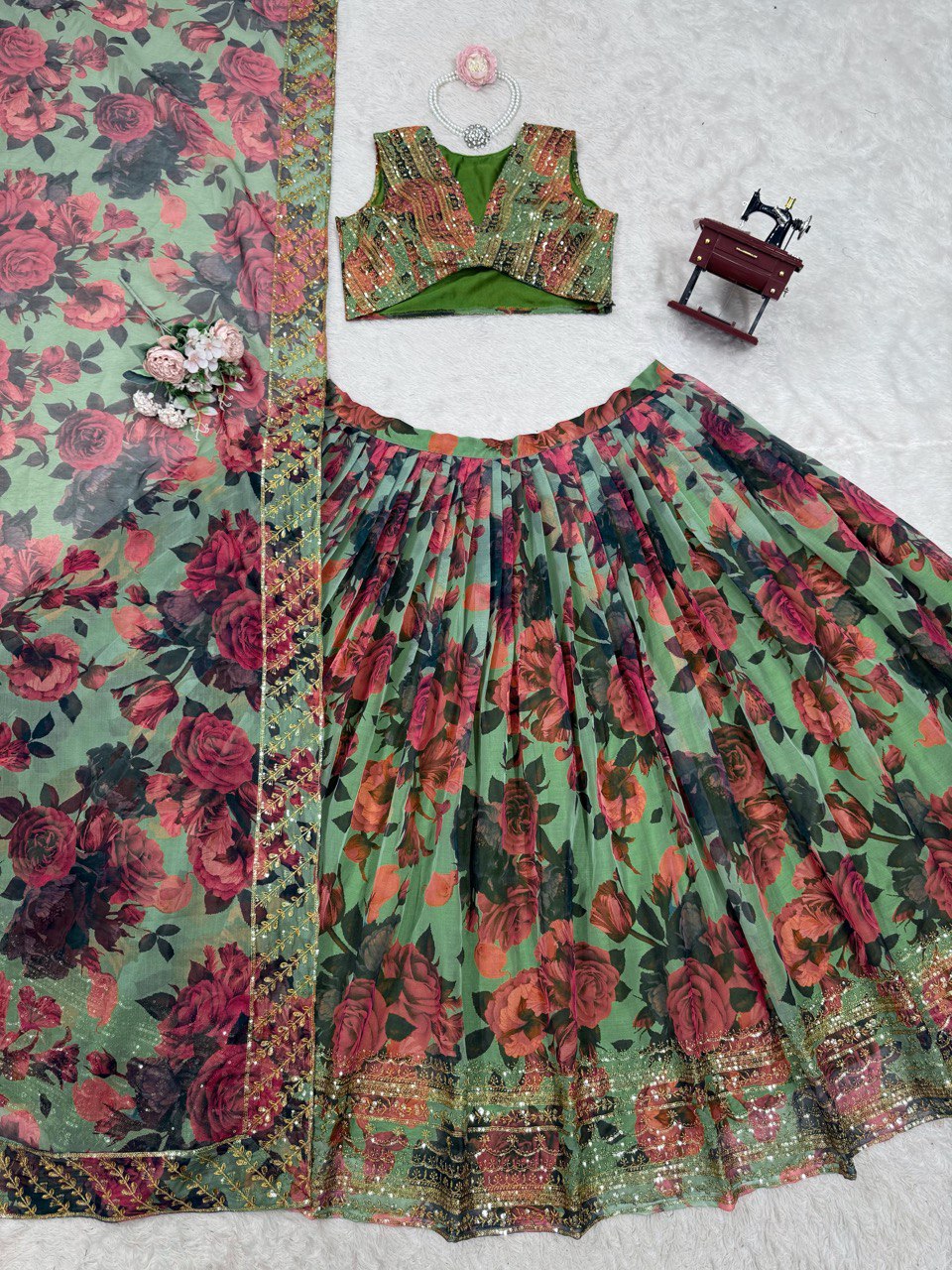 Function Wear Green Multi Color Tabby Organza With Digital Printed Lehenga Choli