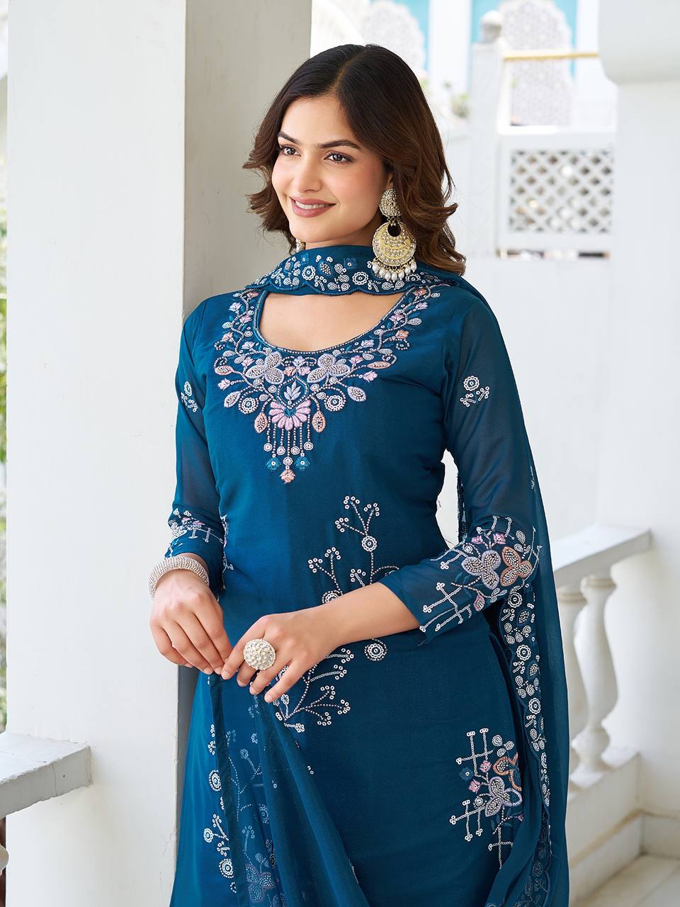 Party Wear Teal Color Star Georgette Moti Work And sequence Embroidery Work Palazzo Suit