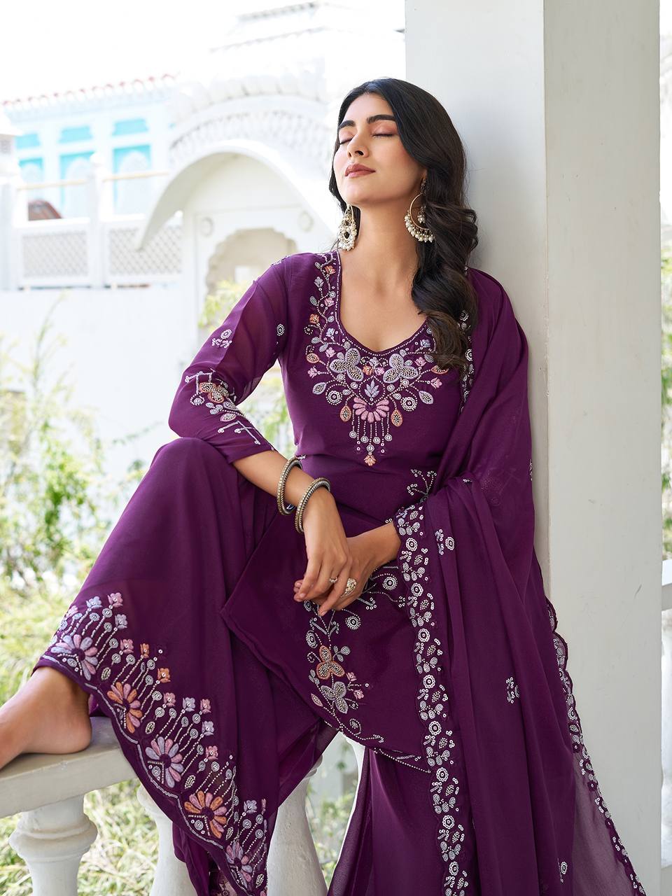 Party Wear Wine Color Star Georgette Moti Work And sequence Embroidery Work Palazzo Suit