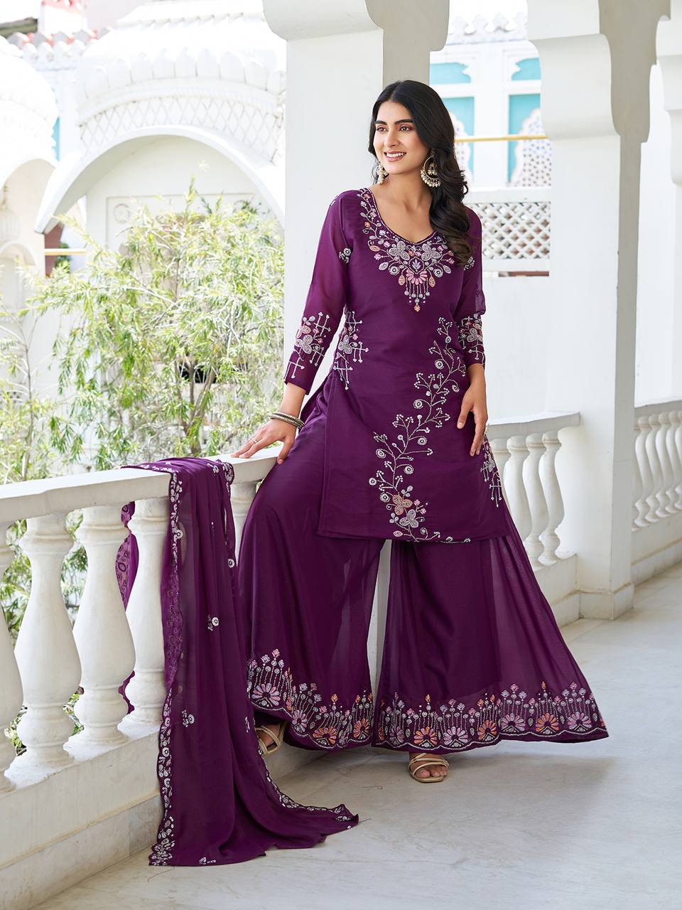 Party Wear Wine Color Star Georgette Moti Work And sequence Embroidery Work Palazzo Suit