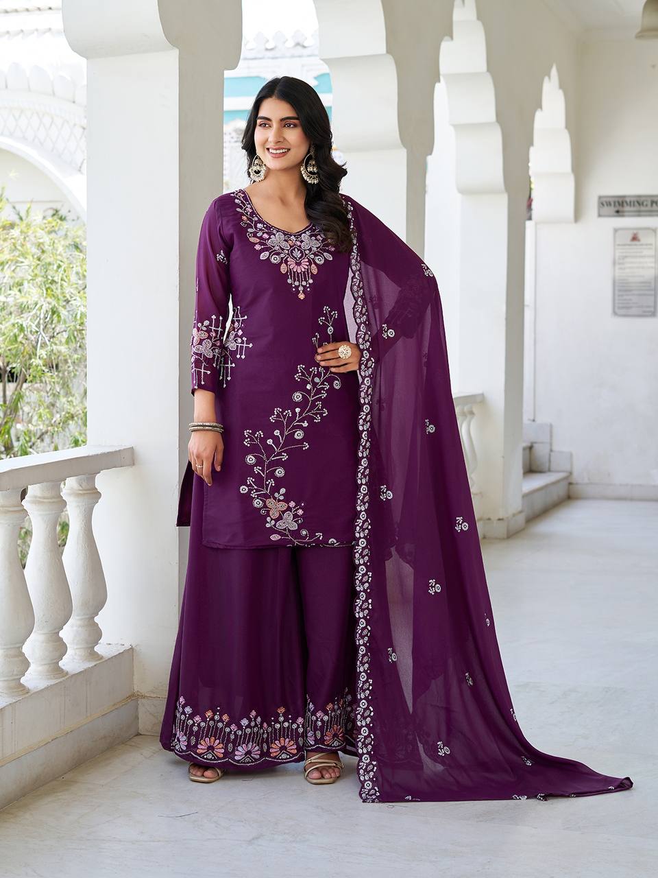 Party Wear Wine Color Star Georgette Moti Work And sequence Embroidery Work Palazzo Suit