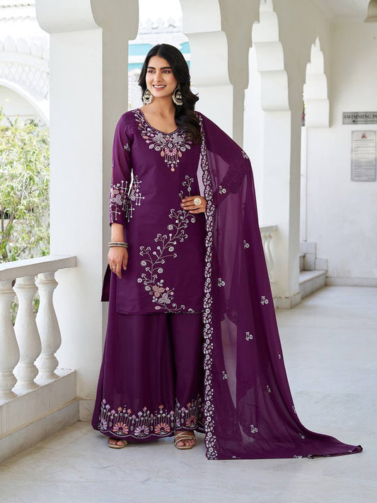 Party Wear Wine Color Star Georgette Moti Work And sequence Embroidery Work Palazzo Suit