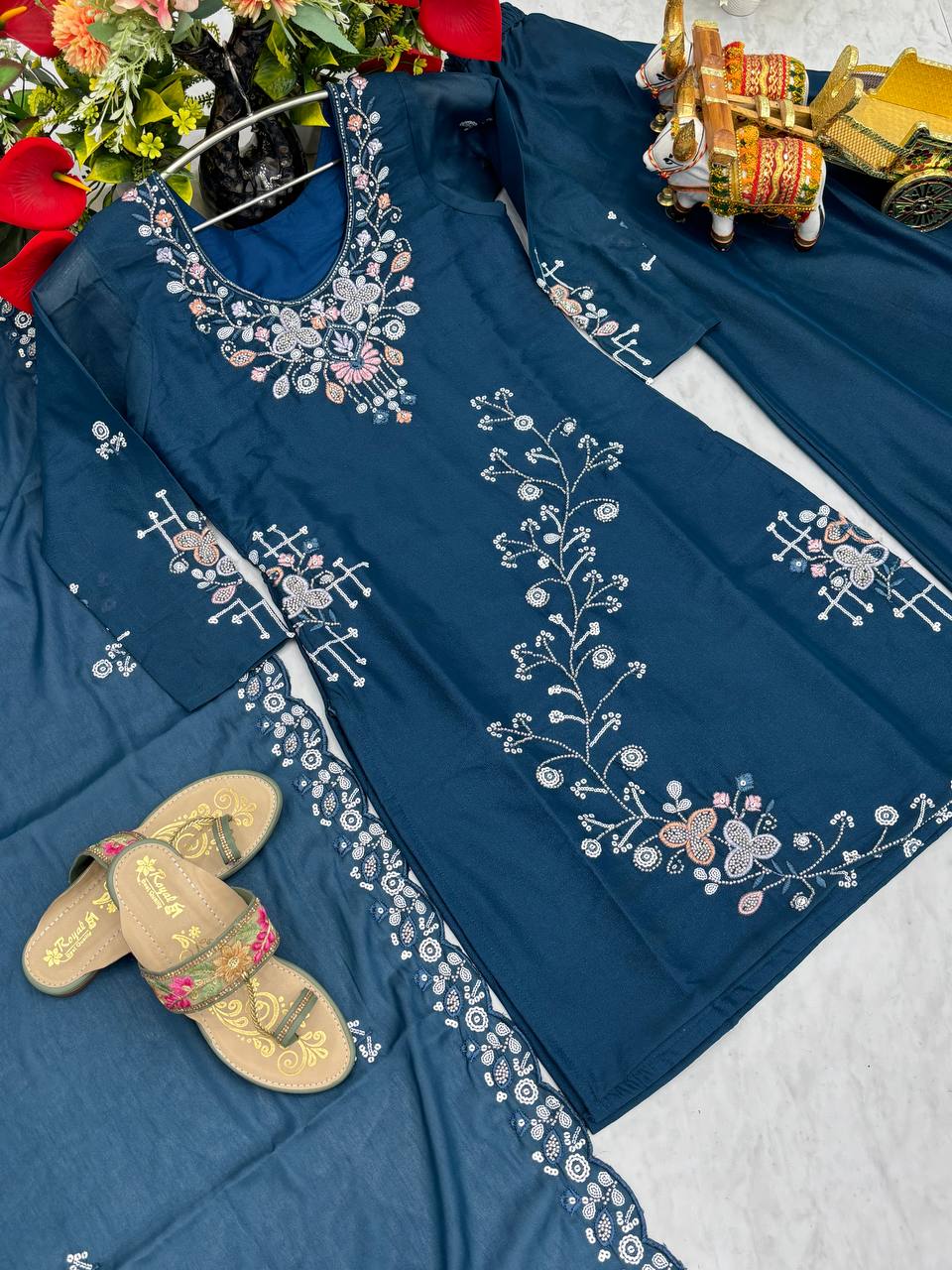 Party Wear Teal Color Star Georgette Moti Work And sequence Embroidery Work Palazzo Suit