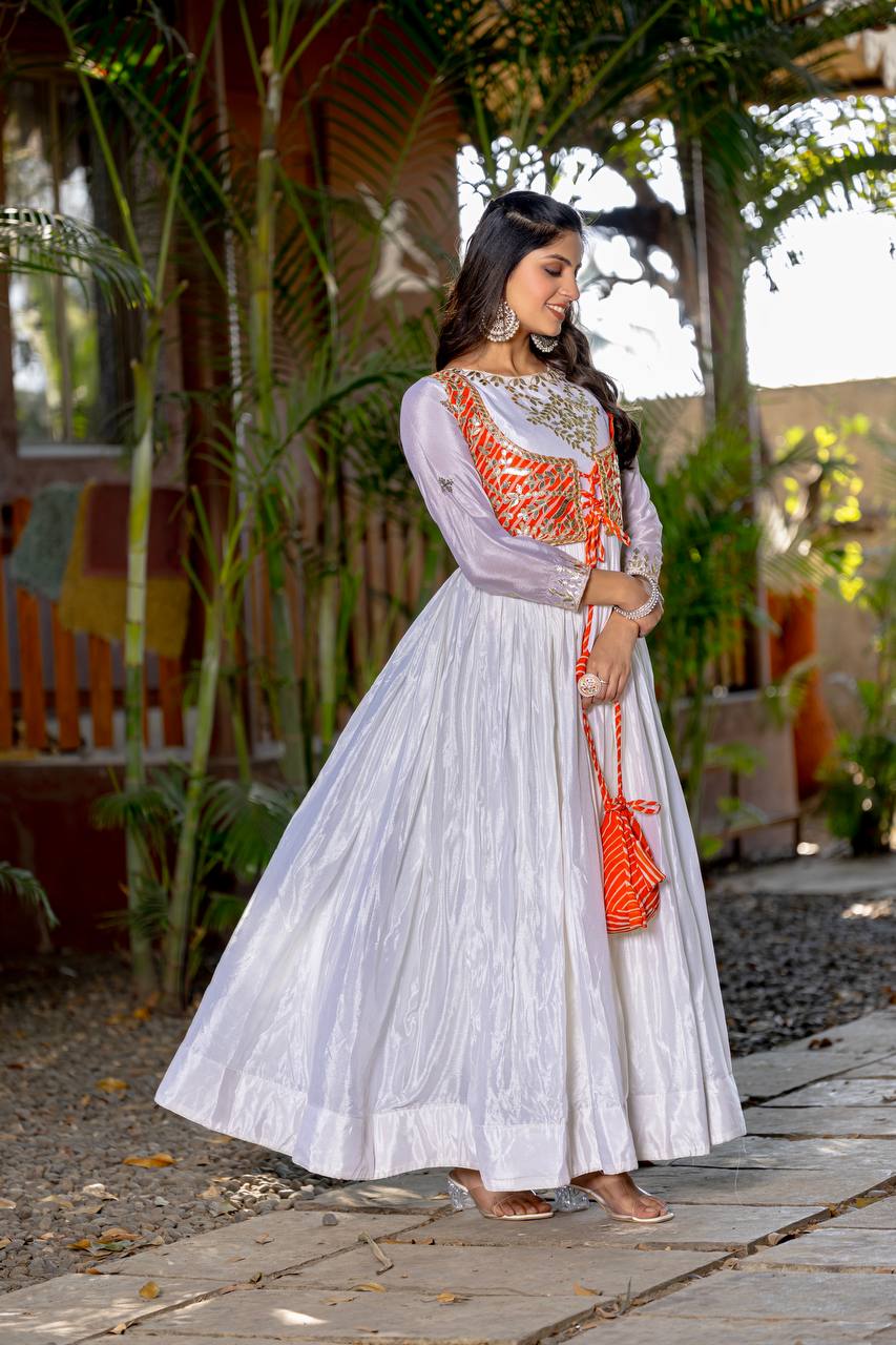 Ceremony Wear Off White Color Pure Chinon With Laheriya Printed Beautiful Gown