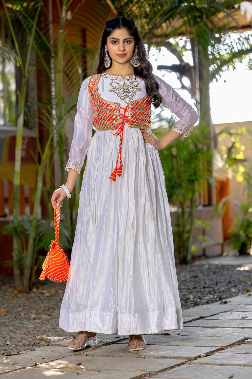 Ceremony Wear Off White Color Pure Chinon With Laheriya Printed Beautiful Gown