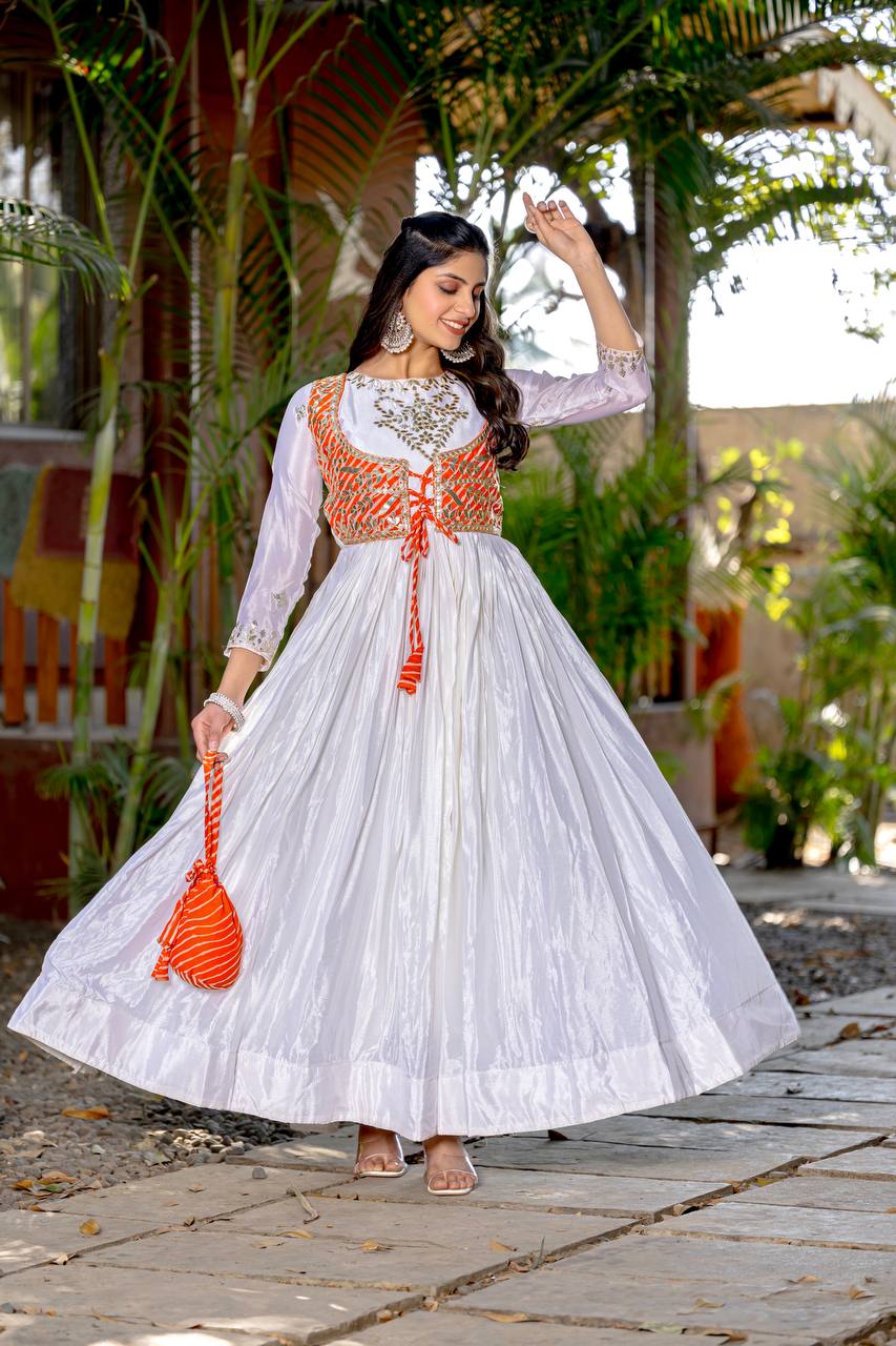 Ceremony Wear Off White Color Pure Chinon With Laheriya Printed Beautiful Gown