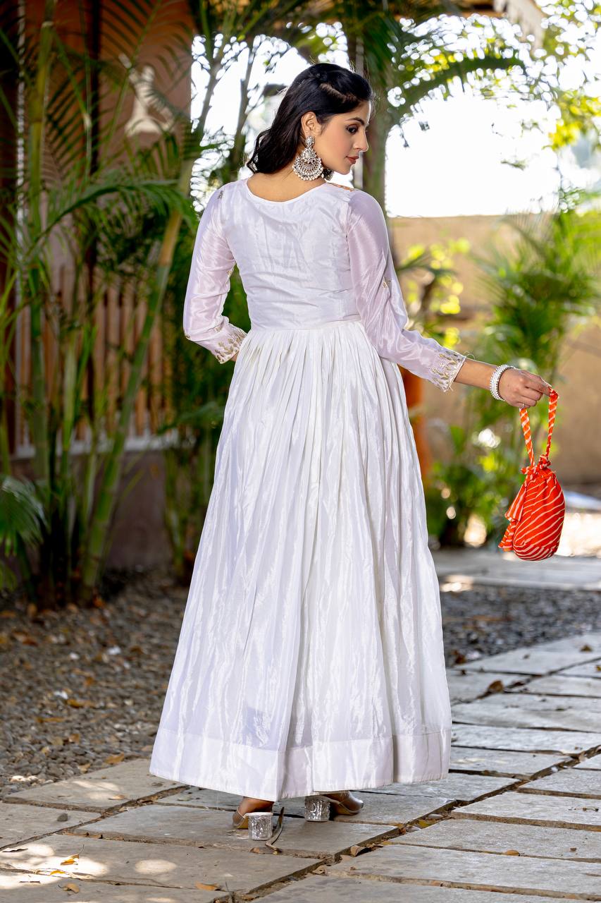 Ceremony Wear Off White Color Pure Chinon With Laheriya Printed Beautiful Gown