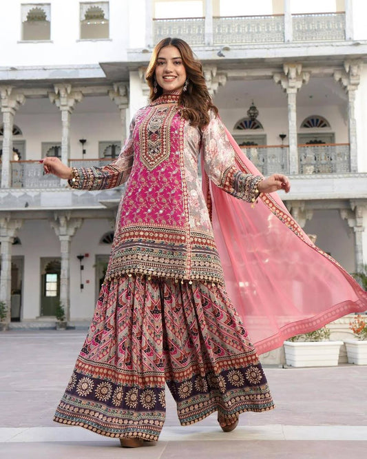 Embellished Pink Color Faux Georgette Digital Print With Real Mirror Hand Work Palazzo Suit