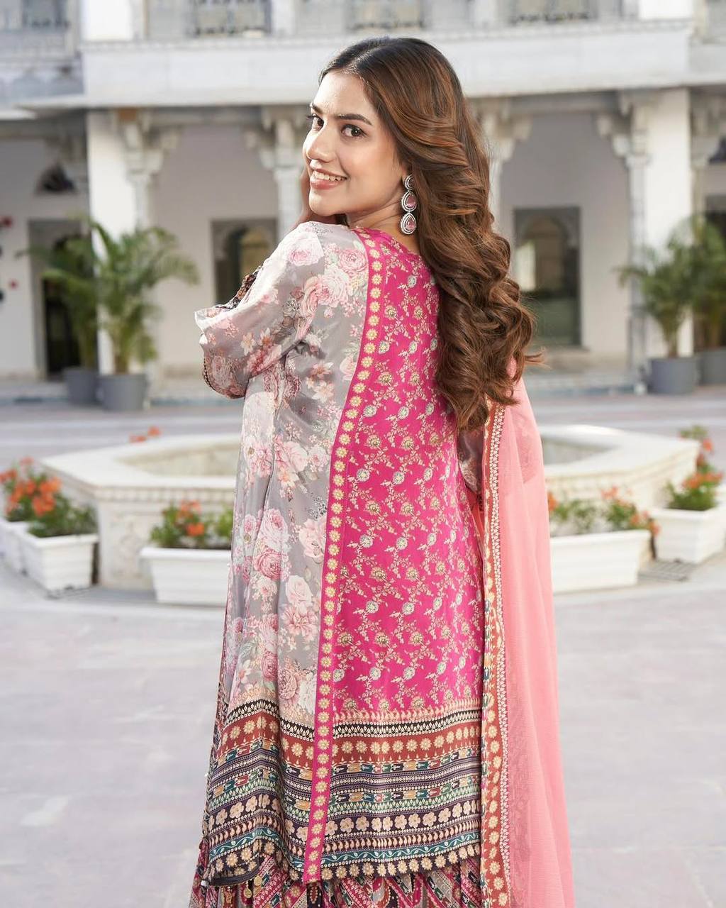 Embellished Pink Color Faux Georgette Digital Print With Real Mirror Hand Work Palazzo Suit