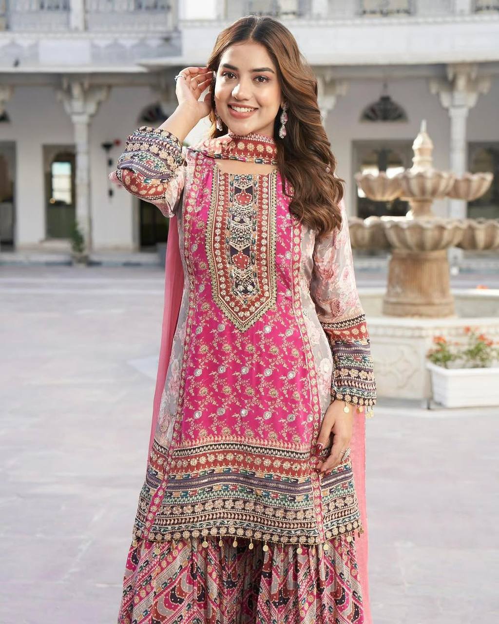 Embellished Pink Color Faux Georgette Digital Print With Real Mirror Hand Work Palazzo Suit
