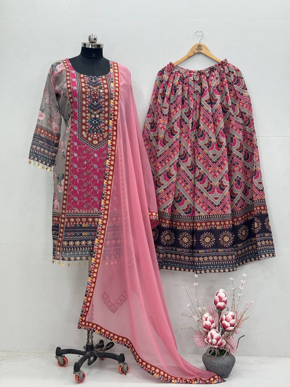 Embellished Pink Color Faux Georgette Digital Print With Real Mirror Hand Work Palazzo Suit