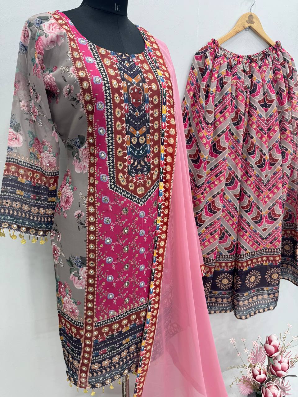 Embellished Pink Color Faux Georgette Digital Print With Real Mirror Hand Work Palazzo Suit