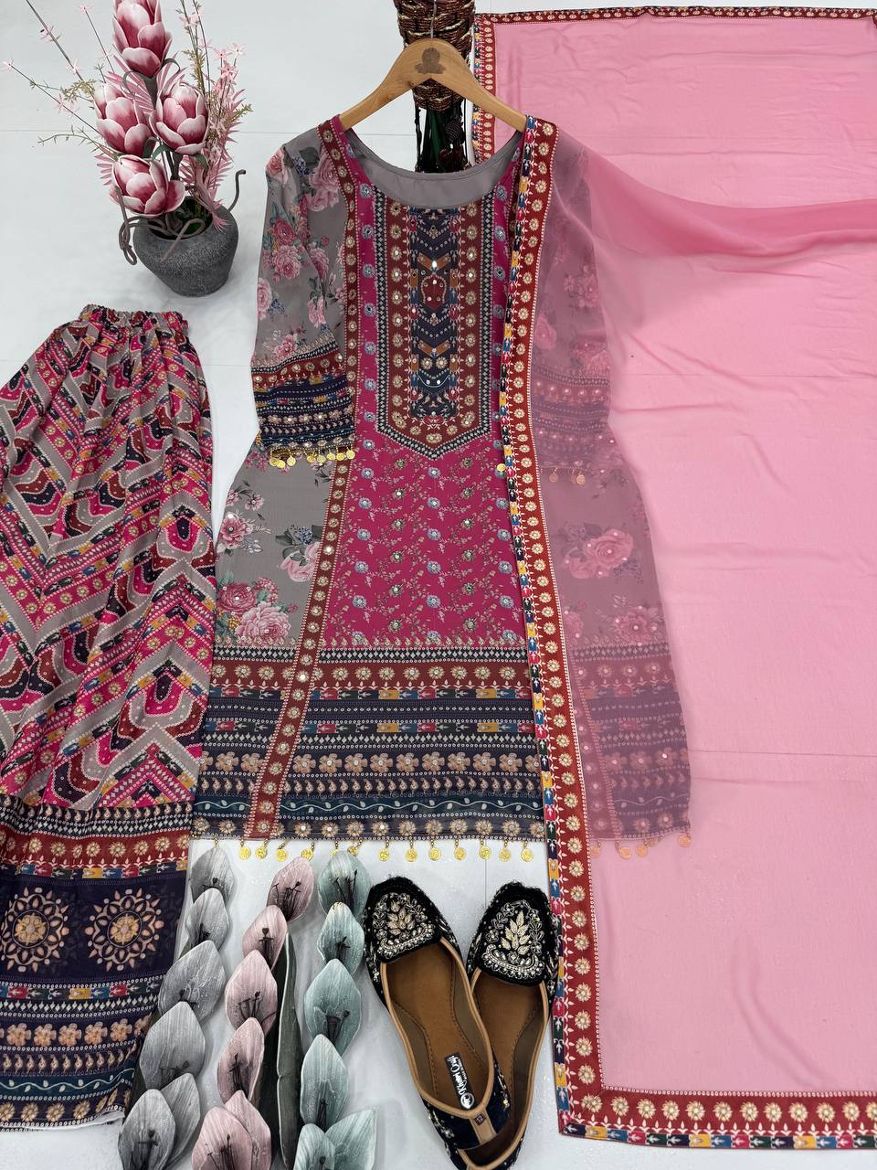 Embellished Pink Color Faux Georgette Digital Print With Real Mirror Hand Work Palazzo Suit