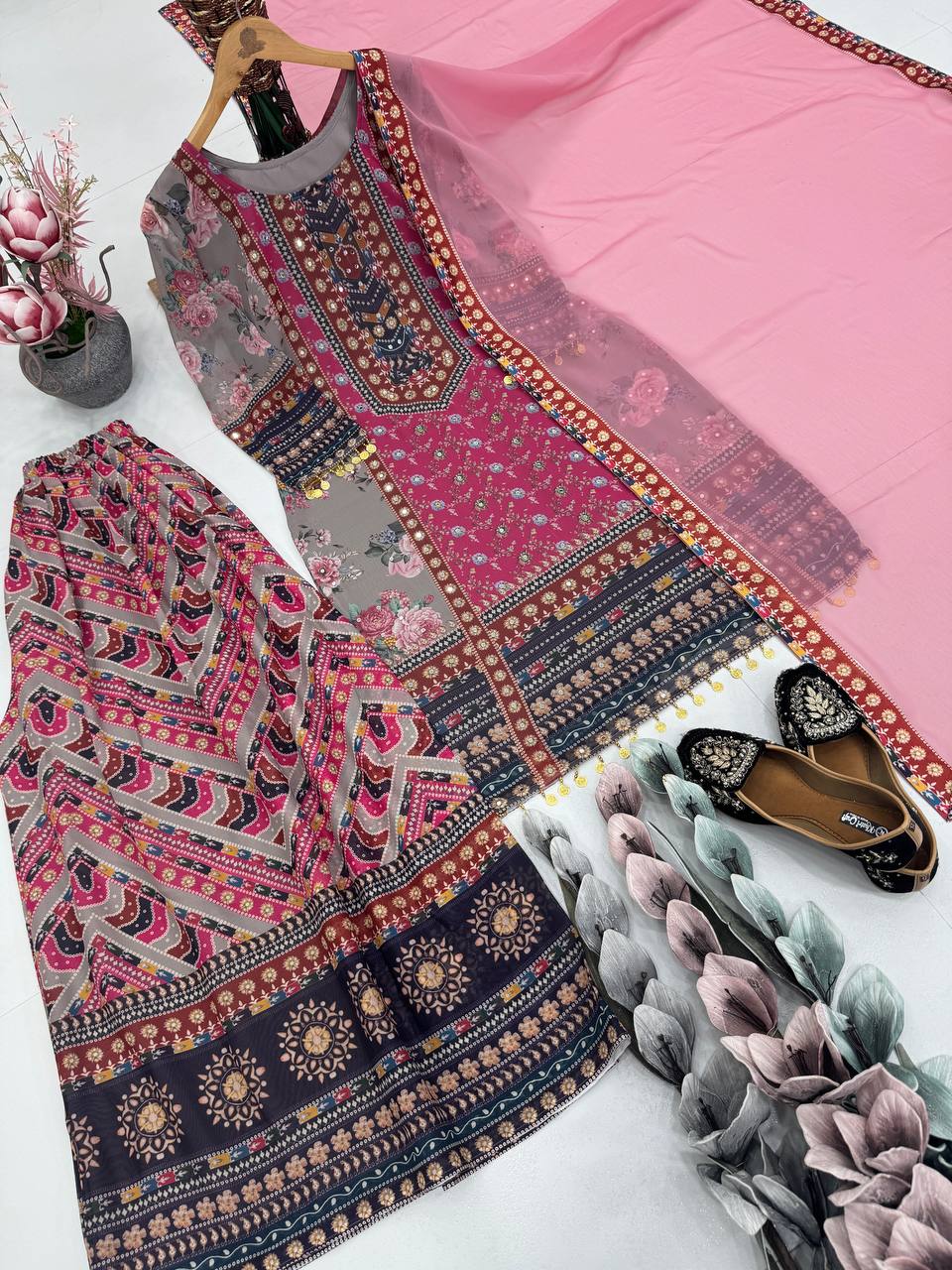 Embellished Pink Color Faux Georgette Digital Print With Real Mirror Hand Work Palazzo Suit