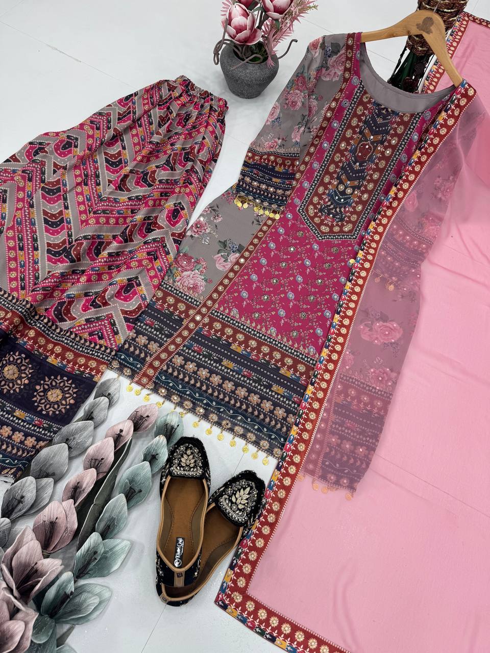 Embellished Pink Color Faux Georgette Digital Print With Real Mirror Hand Work Palazzo Suit