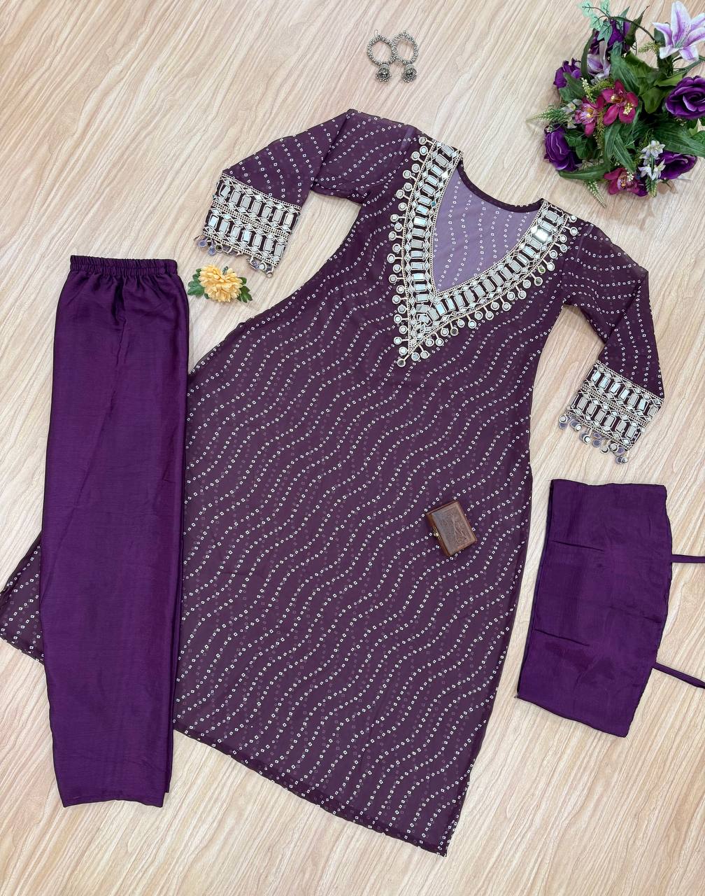 Celebrity Style Wine Color Georgette Digital Print Emroidery And Mirror Work Salwar Suit