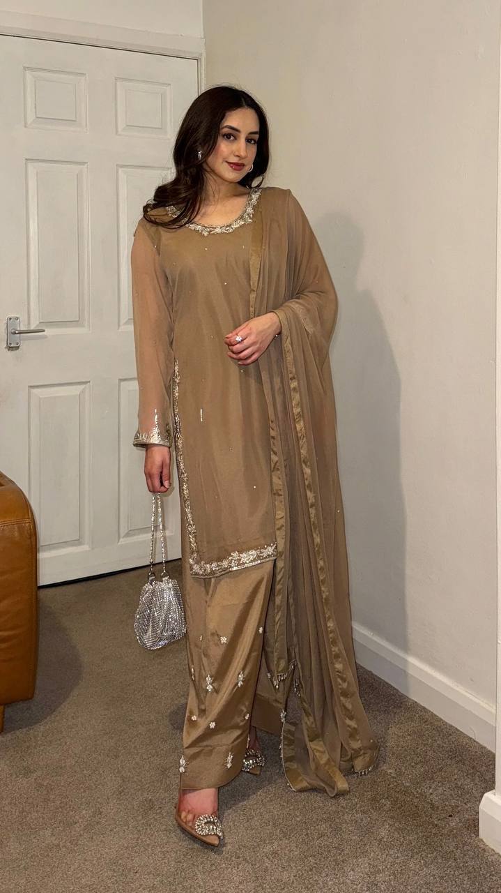 Celebrity Style Brown Color Faux Georgette With Embroidery Work Palazzo Suit