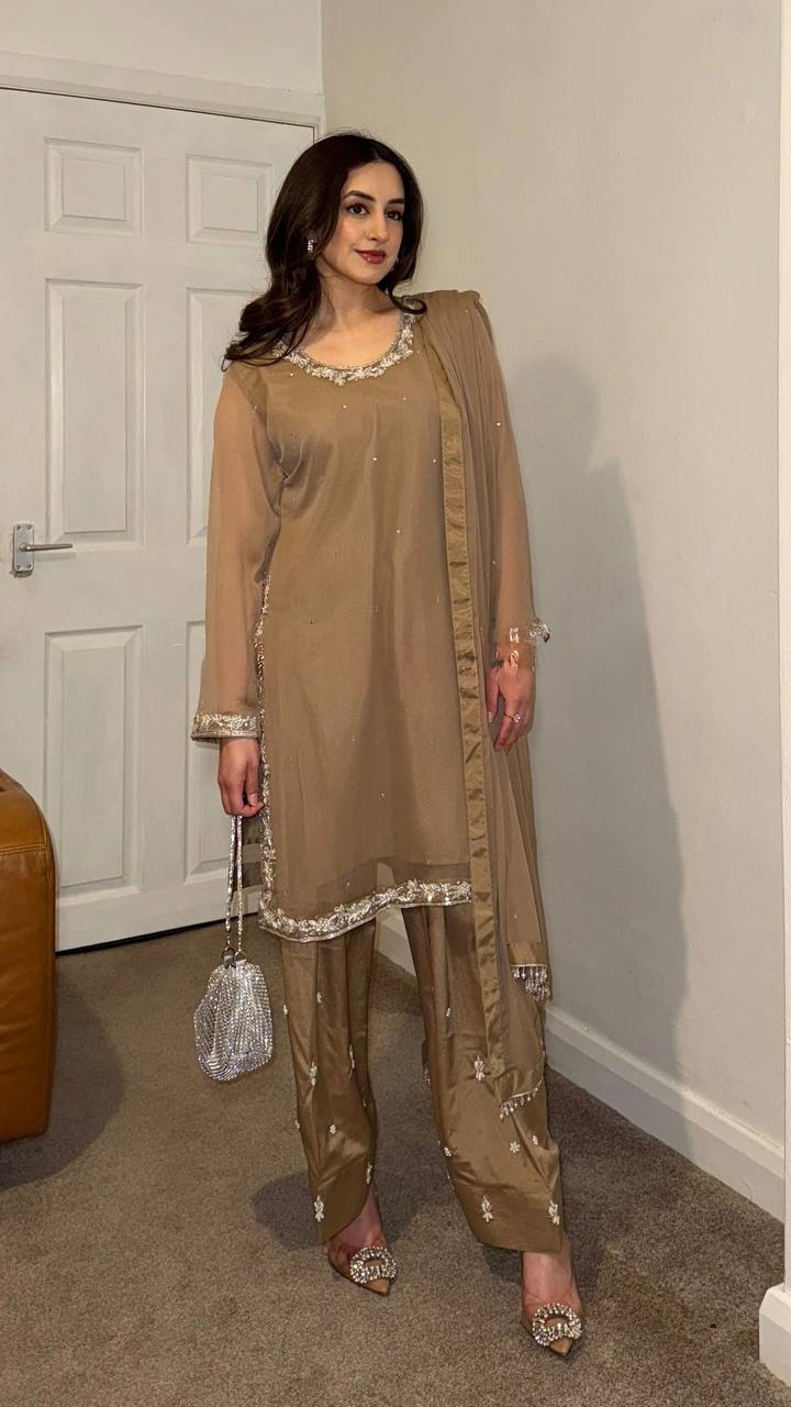 Celebrity Style Brown Color Faux Georgette With Embroidery Work Palazzo Suit