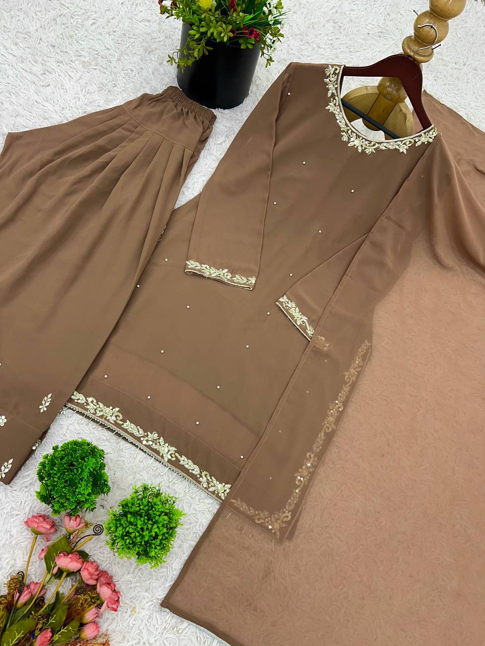 Celebrity Style Brown Color Faux Georgette With Embroidery Work Palazzo Suit