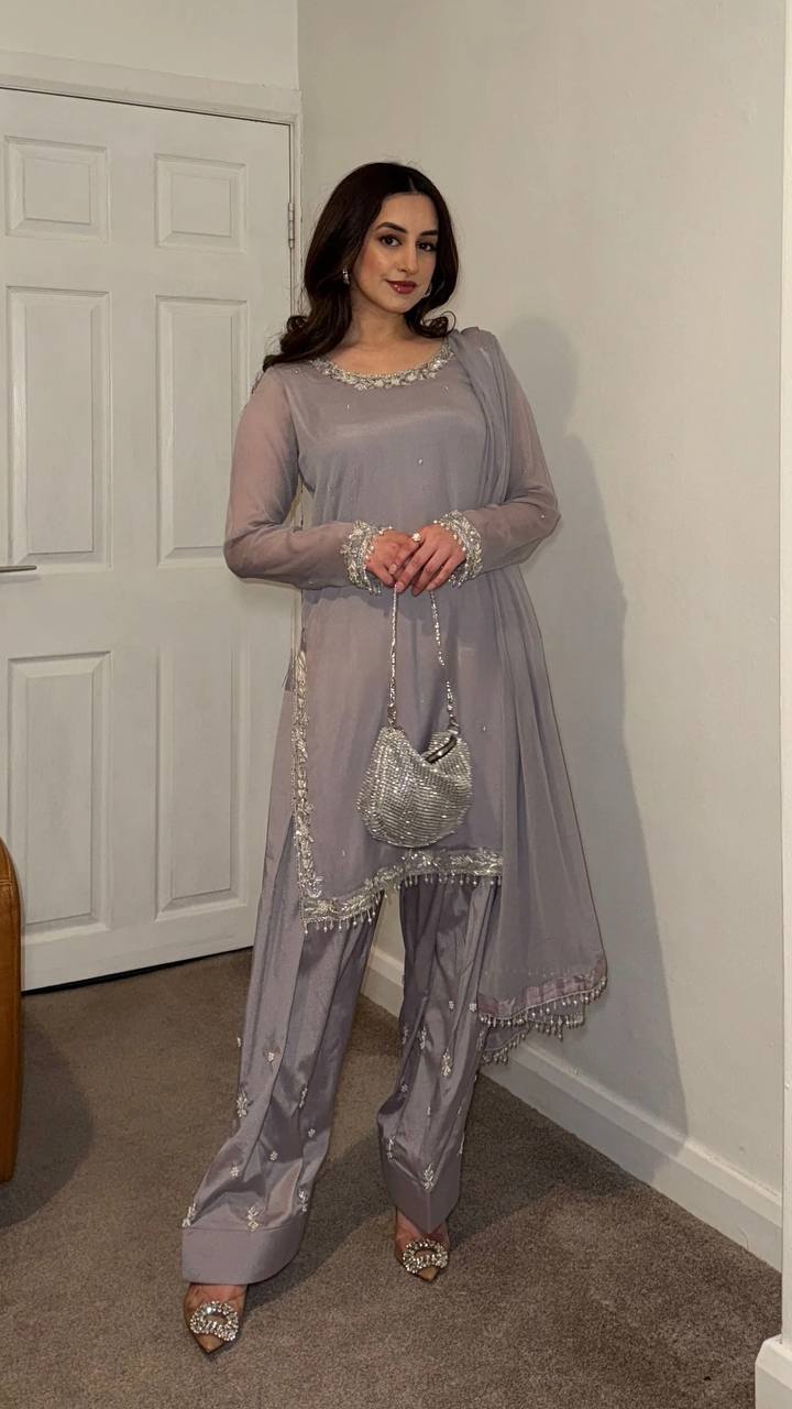 Celebrity Style Grey Color Faux Georgette With Embroidery Work Palazzo Suit