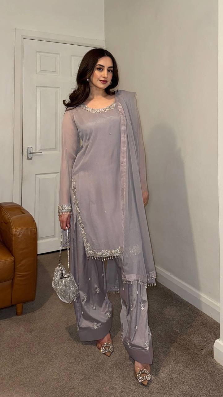 Celebrity Style Grey Color Faux Georgette With Embroidery Work Palazzo Suit