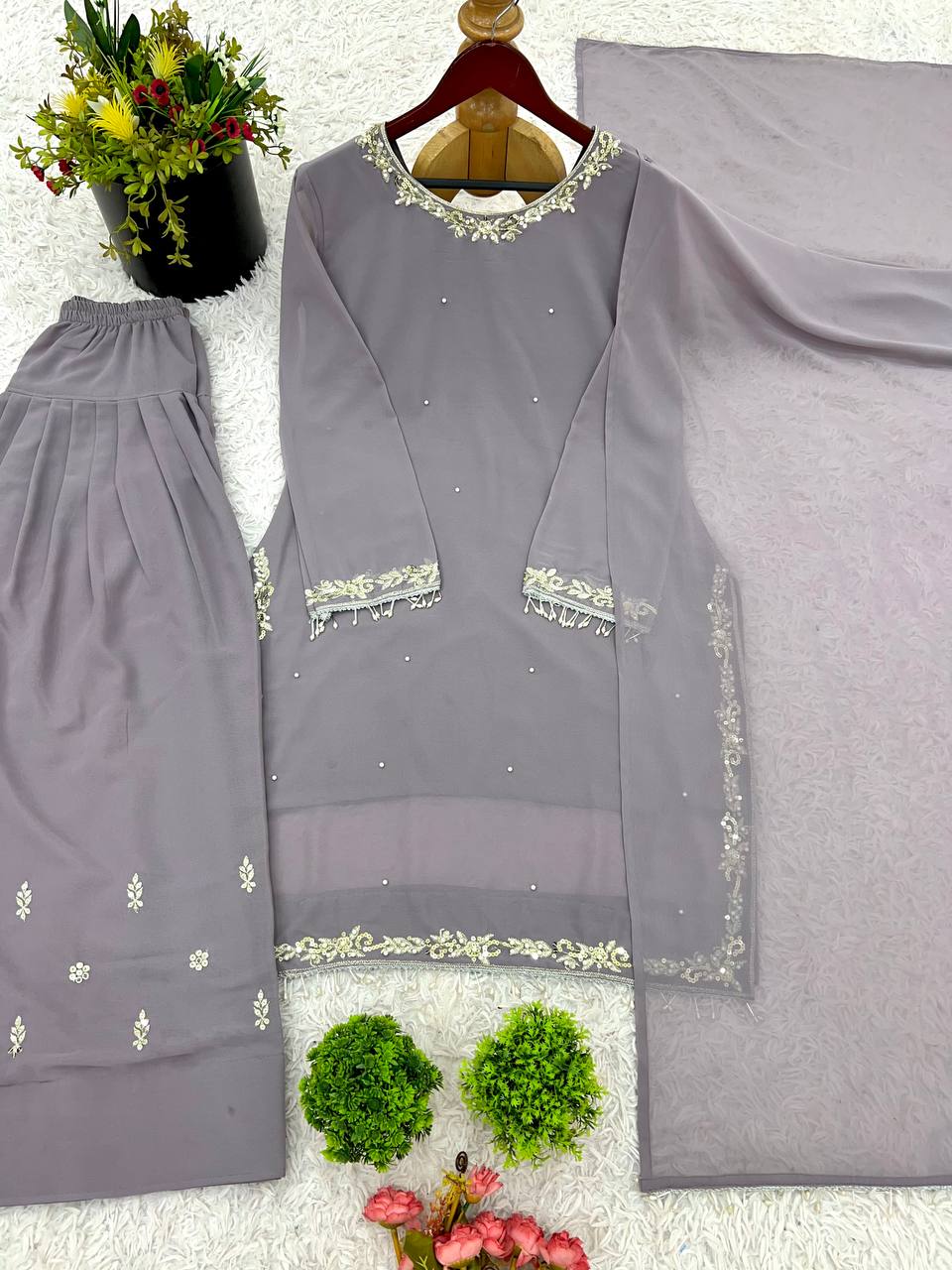 Celebrity Style Grey Color Faux Georgette With Embroidery Work Palazzo Suit