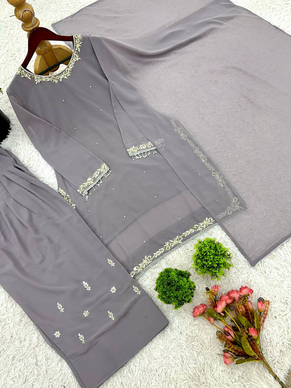 Celebrity Style Grey Color Faux Georgette With Embroidery Work Palazzo Suit
