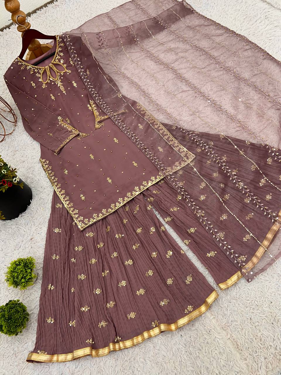 Elegant Brown Color Heavy Faux Georgette With Heavy Embroidery Sequence Work