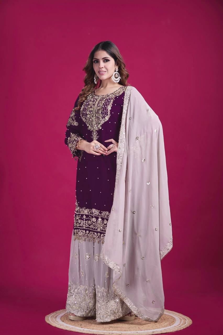 Celebrity Style Wine Color Heavy Faux Georgette With Heavy Embroidery Work Palazzo shuit