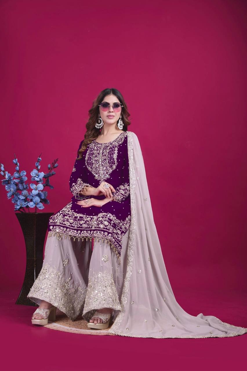 Celebrity Style Wine Color Heavy Faux Georgette With Heavy Embroidery Work Palazzo shuit