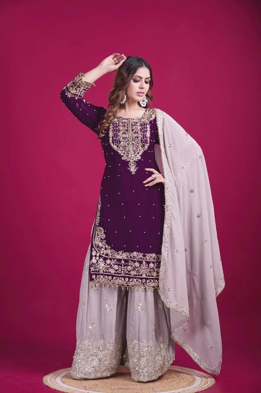 Celebrity Style Wine Color Heavy Faux Georgette With Heavy Embroidery Work Palazzo shuit