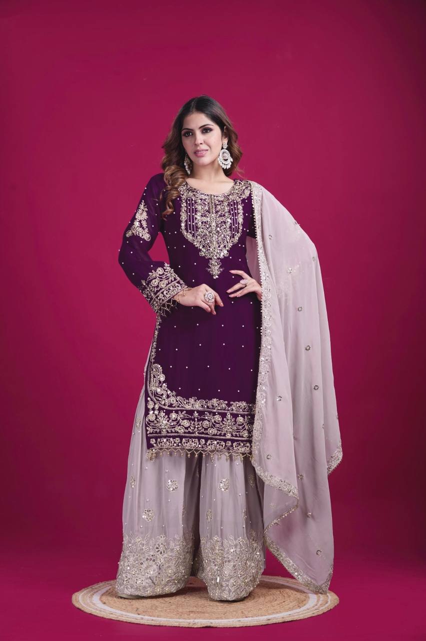 Celebrity Style Wine Color Heavy Faux Georgette With Heavy Embroidery Work Palazzo shuit