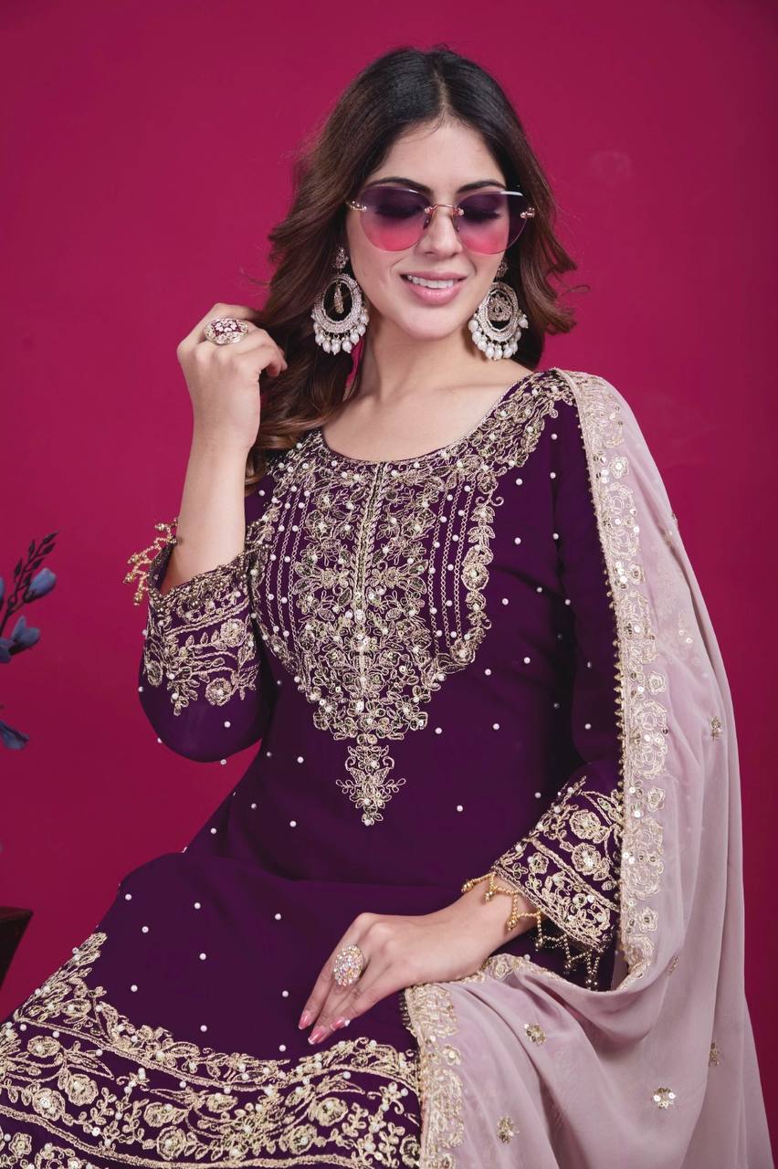 Celebrity Style Wine Color Heavy Faux Georgette With Heavy Embroidery Work Palazzo shuit