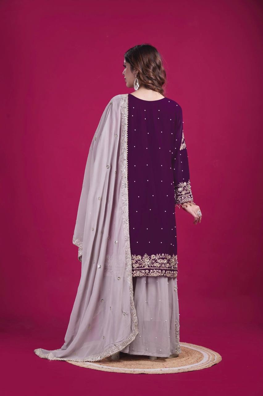 Celebrity Style Wine Color Heavy Faux Georgette With Heavy Embroidery Work Palazzo shuit