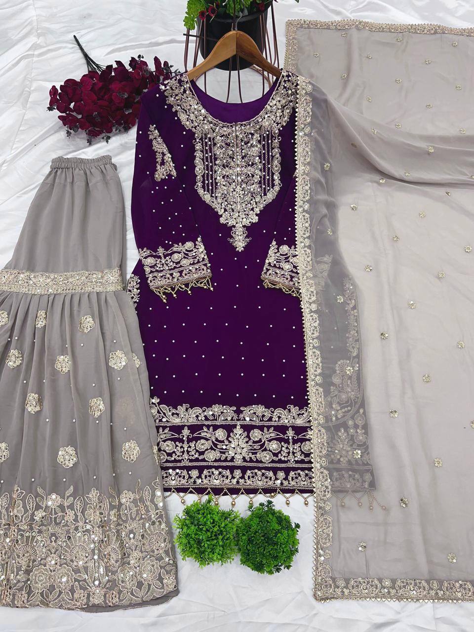 Celebrity Style Wine Color Heavy Faux Georgette With Heavy Embroidery Work Palazzo shuit