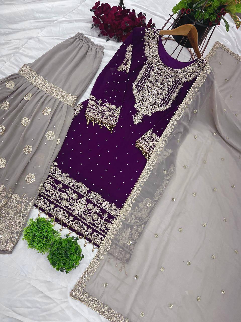 Celebrity Style Wine Color Heavy Faux Georgette With Heavy Embroidery Work Palazzo shuit