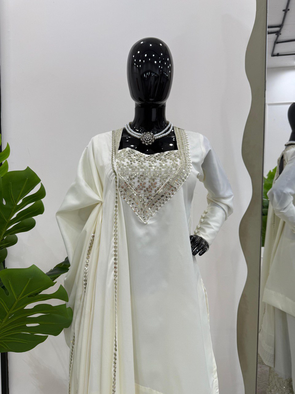 Ceremony Wear White Color Chinon Silk And Thread With Sequence Work Palazzo Suit