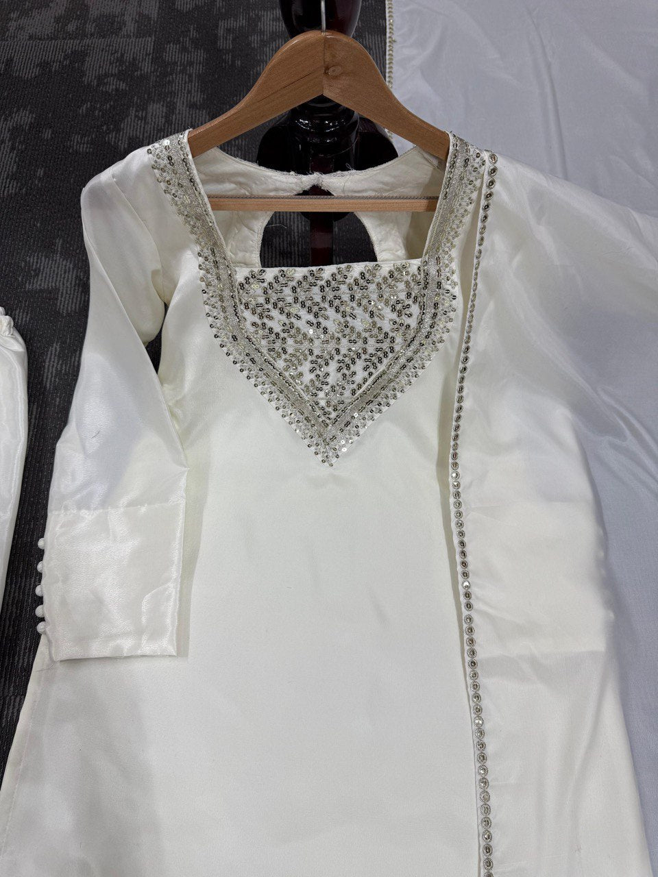 Ceremony Wear White Color Chinon Silk And Thread With Sequence Work Palazzo Suit