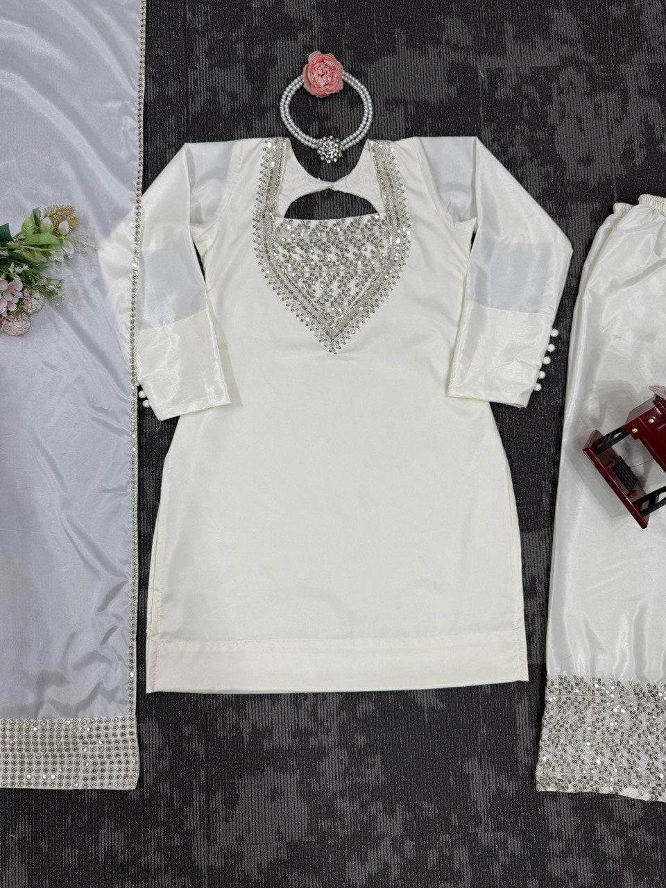 Ceremony Wear White Color Chinon Silk And Thread With Sequence Work Palazzo Suit