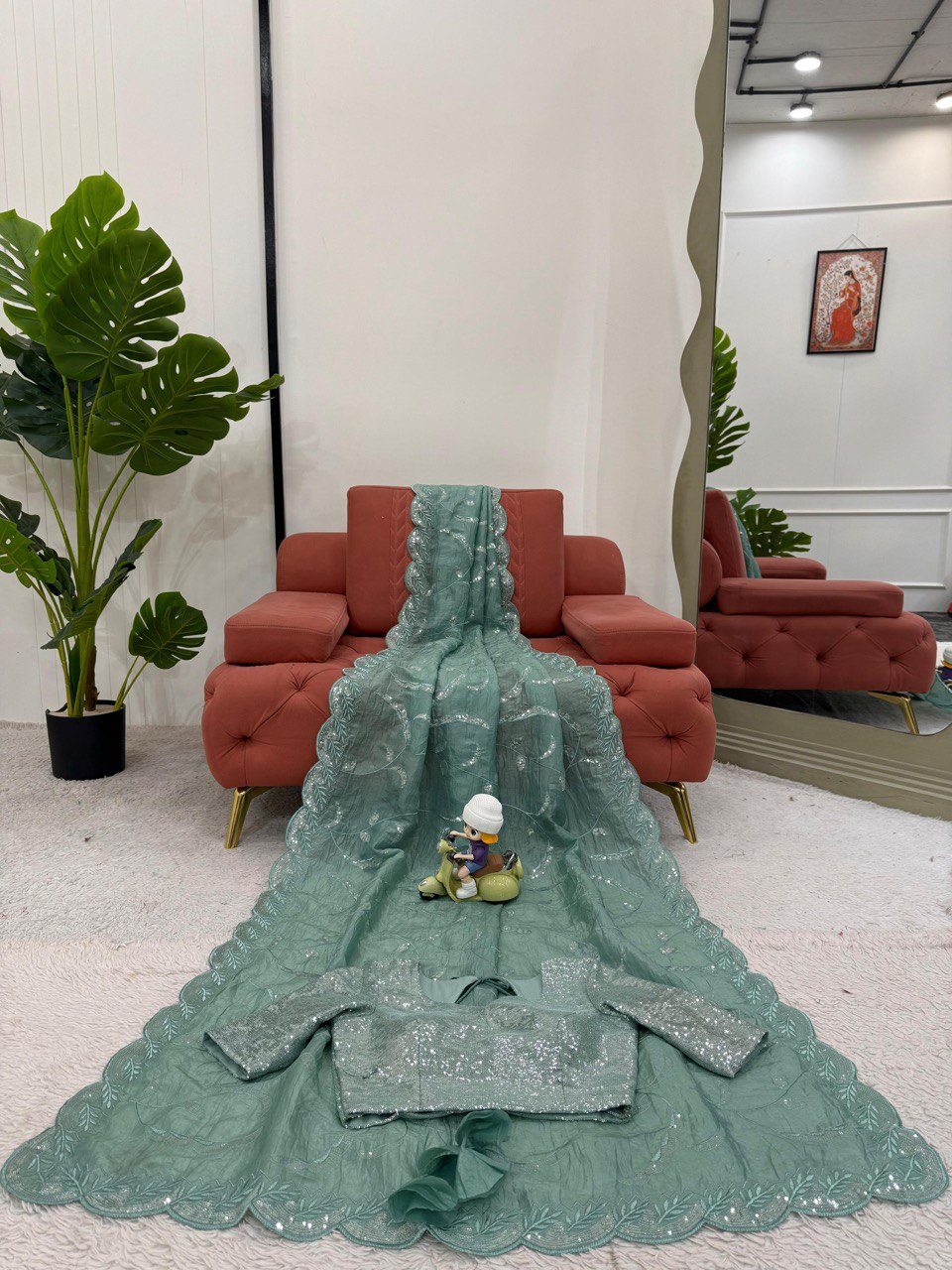 Ceremony Wear Aqua Green Color Gold Crush and Sequence Work Saree