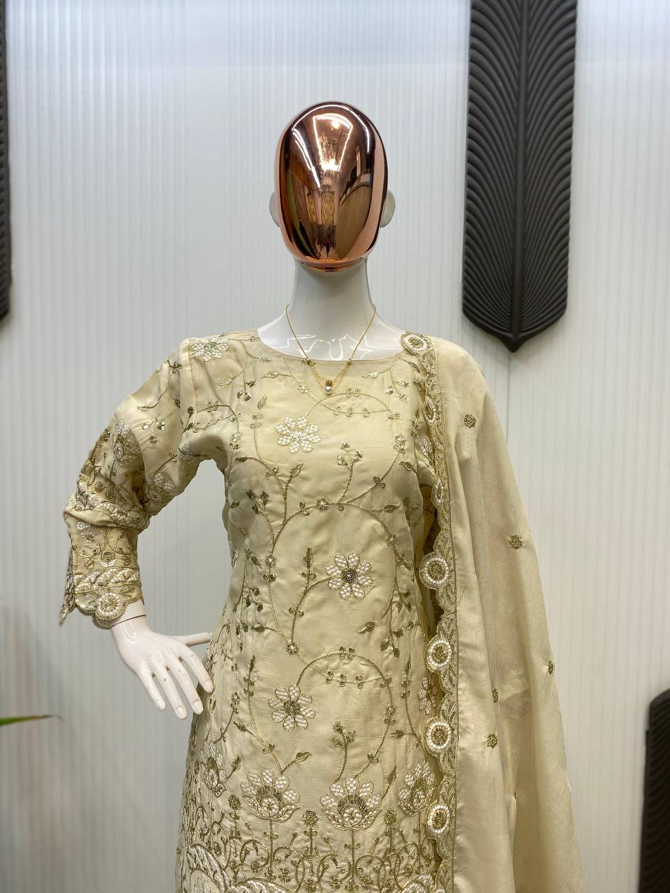 Party Wear Cream Color Chinon With Sequence Embroidery Work Designer Sharara Suit