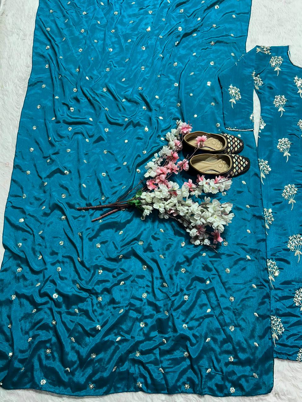 Outstanding Teal Color Heavy Chinon Fabric With Embroidery 5mm Sequence Work Salwar Suit