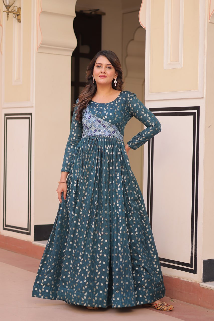 Unique Rama Color Position Print Choli With Staple Jacquard Weaving Work Gown