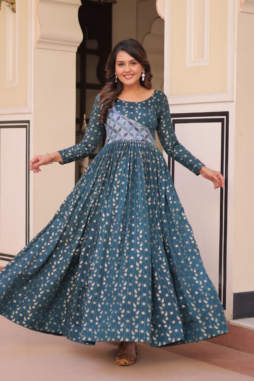 Unique Rama Color Position Print Choli With Staple Jacquard Weaving Work Gown